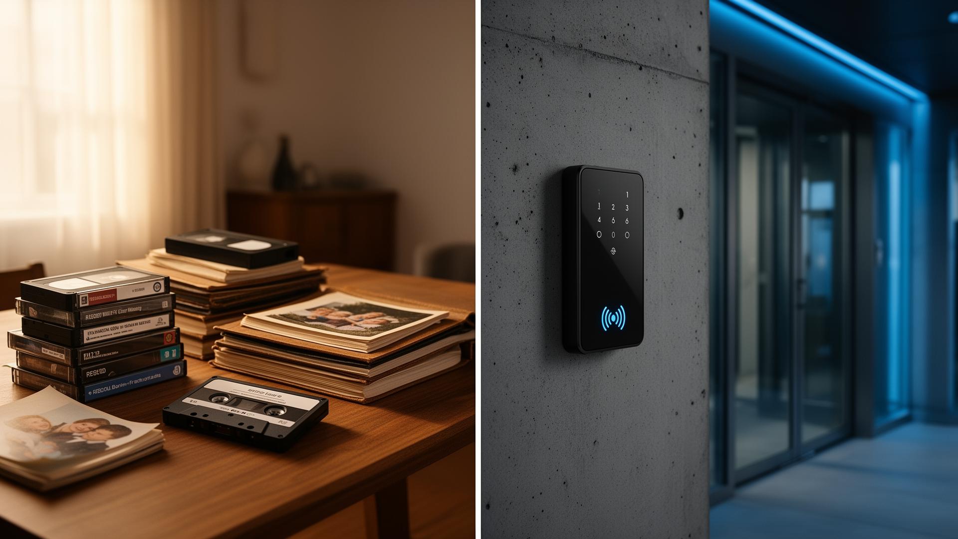 Стари касети и семейни снимки от едната страна, модерен RFID четец на бетонна стена от другата